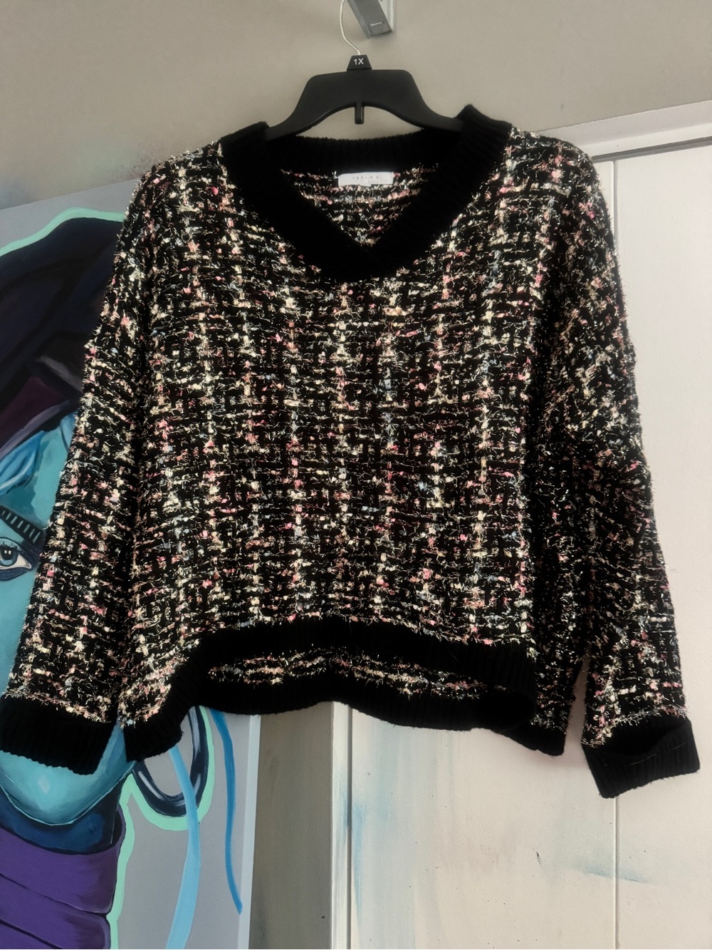 FAVLUX Tweed Metallic Sparkle Confetti Knit Sweater Oversized Crop V-Neck 2XL